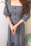 Waist Retro Fashion New Summer Women Puff Sleeve Plaid Dress Ladies Pullover Cotton Dresses Casual Woman A-line Long