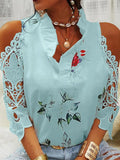Hollow Out Printed Women Blouses Summer Female Strapless Blouse Casual Tops V-Neck Elegant Short Sleeve Lace Shirts