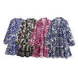 Single-Dlong Short Dress 2025 Spring/Summer V-Neck Print Long-Sleeved Loose