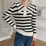Black And White Striped Sweater Women Korean Fashion Ribbed Preppy Style Sailor Collar Sweater Winter Autumn