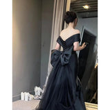 Black Evening Dress Women's 2025 New Word-Shoulder High-End Dinner Light Luxury Small Fishtail Dress High