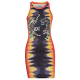 Punk Tie Dye Sleeveless Graphic Mini Dresses Ribbed O-neck Tiger Printing Bodycon Party Dress E-girl Rave Summer