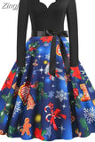 Women Christmas Party Dress Elegant Vinatge Long Sleeve Winter Sundress V Neck New Year Costume Clothing