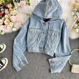 Zingj Celebrity Autumn New High Waist Short Hooded Denim Jacket Female Loose Show Thin Versatile Jacket Long Sleeve Jacket-Outfit