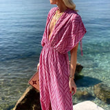 Hot Style Women's Fashion Deep V Collar Long Print Beach Holiday