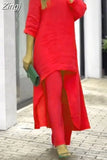 Cotton Linen Long Blouse Korean Fashion Wide Leg Pant Two-piece Set Irregular Women Casual Suit Loose Femme Outfit