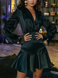 2022 Summer Autumn Women Satin Party Dress Long Sleeve Vintage Elegant Lady Shiny Sexy Silk Mini