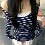 Large Round Collar Out-To-Shoulder T-Shirt 2025 Early Autumn New Hottie Thin Striped Top Knitted