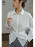 Button Up Shirt Women's Design Asymmetrical Waist Shirt White All-match Temperament Shirt Office Ladies Shirt Women