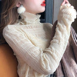 winter women blouse shirt korean style design sense half-collar lace mesh bottoming tops pleated retro sexy
