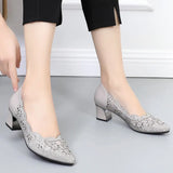 2021 Summer Fashion Hollow Out Genuine Leather Pumps Women Shoes Med Heels Square Heel Mesh Ladies Office Shoes