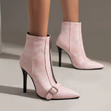 Fashion Denim Women Boots Buckle Thin High Heel Ankle Boots Pointed Toe Front Zipper Autumn Winter Ladies