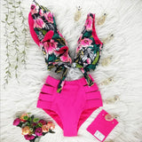 Ruffled Hem Bikini Set Women Flora V-Neck High-Waisted Two Piece Swimsuit 2021 Girl Beach Bathing Suit Swimwear