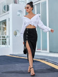 Side Slit Buttoned Denim Midi Skir- Outfit