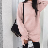 Loose Solid Long Slevee Women's Split Dress 2021 Autumn Winter Fashion Turtleneck Elegant Lady Mid-length Dress Plus