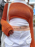 2022 Sexy Off Shoulder Crop Tops Long Sleeve Y2k Hollow Out T Shirts Casual Women Summer Tees Knitted Streetwear