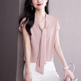 Tie Blouse Shirt for Women OL Elegant Blouses Satin Womens Tops Silk Female Clothing 2023 Korean Fashion Short Sleeve