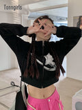Winter Vintage Jackets Women Turn-down Collar Y2k Print Jackets Coats American Retro Black Coat Streetwear Female