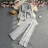 Zingj Suit Female Casual Temperament V Collar Waist Belt Knit Cardigan Jacket Three Piece Set High Waist Wide Leg