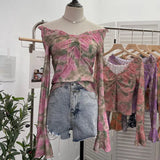 Vintage Print V-Neck Horn Sleeve Top Wooden Ear Lace With Short-Sleeved Long-Sleeved T-Shirt