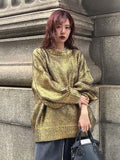Neck Metallic Shinny Pullover For Women Vintage Loose Long Sleeve Warm Sweater 2023 Autumn Female Fashion Street