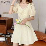 Women Yellow Sweet Square Collar Female Lovely Back Hollow Out Vintage Elegant Puff Sleeve A-line Two-length Girls