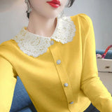 Winter Lace Patchwork Doll Collar Sweet Knitting Cardigan Lady Elegant Fashion All-match Buttons Sweater Top Women