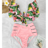 Ruffled Hem Bikini Set Women Flora V-Neck High-Waisted Two Piece Swimsuit 2021 Girl Beach Bathing Suit Swimwear