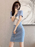 Summer New Knitted Dress Women V-neck Short Sleeve Single-Breasted Bow Beaded Diamonds Dress High Waist Slimming Mini