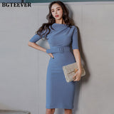 Slash Neck Half Sleeve Solid OL Dress 2021 Spring Women Casual Sashes Mid-length Sheath Bodycon Dress Vestidos