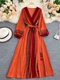 Autumn Women Printed Long Dress Vintage Puff Sleeve High Waist A-Line Vestidos Female 2022 New Fashion Beach