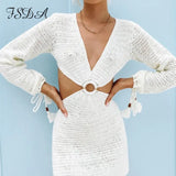 2021 Knit Stripe Long Sleeve Dress Beach Backless Summer Hollow Out Women V Neck Sexy Party Mini Dresses Casual