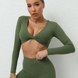 Cross V-neck Sporty T-shirt Women Sportswear Gym Workout Top Long Sleeve Fitness Sport Shirts Female Yoga Clothes Crop