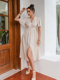 Chic polka dot botton a-line dress women Bell sleeve high waist maxi vestido elegant Office white dresses summer