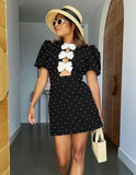Neck Heart-shape Holllow Out Decor Mini Dress Women Puff Short Sleeve Slim A-line Dresses 2024 Lady High Street