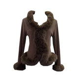 Real Shooting Babes V Collar Hair Spliced Knitted Cardigan Women Autumn And Winter Decoration Slim Coat Temperament Coat