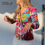 2021 Floral Print Long Sleeve T Shirts Women Sexy V Neck Vintage Fashion Casual Autumn Aesthetic Crop