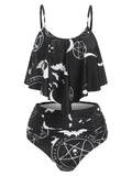 Women Crescent Star Bat Print Padded Ruched Gothic Tankini Set Tummy Control Swimsuit Padded High Waist Swimming
