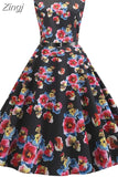 Print Vintage Dress Women Summer Pin Up Retro 50s Rockabilly Sleeveless A-Line Midi Party Dresses
