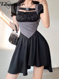 Bandage y2k Pleated Dress Retro Corset Patched A-Line Sundress Women Zipper Short Sleeve Korean Elegant Dress