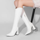 Fashion Knee High Boots Autumn Winter Women Pu Leather Square High Heel Western Boots Pointed Toe Zipper Woman Shoes