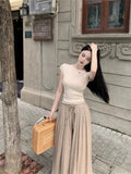 Hot Girl Casual Suit Women's Spring Short-sleeved Knitted Top High Waist Wide Leg Pants 2-piece Set Fashion Female