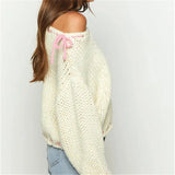 White Pink Ribbion Trim Sweater-Outfit