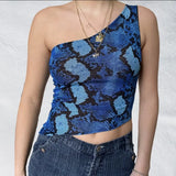 Vintage Chinese Style Print Crop Top Asymmetric Slim Fit One Shoulder Vests E-girl Aesthetic Fashion Women Summer Tank