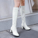 Women Boots Fashion Patent Leather Knee High Boots Cozy Square High Heel Long Boots Zipper Winter Plus Female Boots