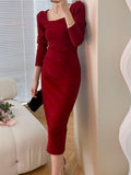 Women Summer New Elegant Slim Waist Solid Midi Office Lady Dress Bodycon Fashion