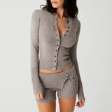 Zingj Retro Solid Color Simple Casual Sweater Women's New Slim Round Collar Single Breasted Pleated