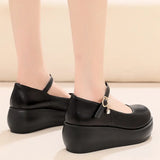 Skin Round Head Heel Slope And Shallow Mouth Single Shoes Waterproof Table Casual Leather Shoes Buckle With Loose Cake Thick-Soled Shoes Women