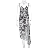 Zebra Printed Sexy High Split Backless Midi Dress Women 2021 Summer Halter Ruched Ladies Vestidos Club Partywear