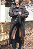 Spring Autumn Long Oversized Black Brown Pu Leather Trench Coat for Women Double Breasted Loose Luxury Designer